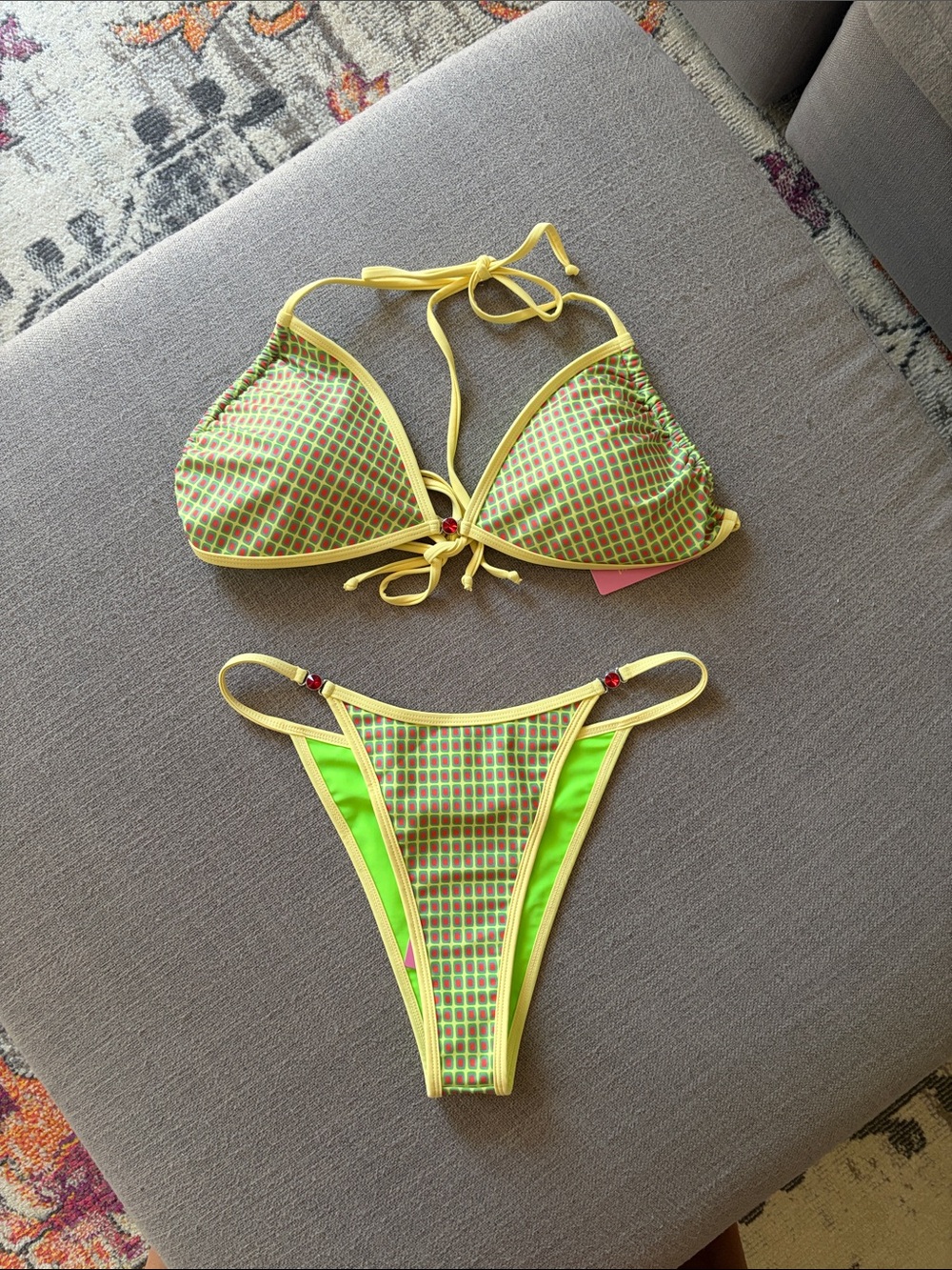 Strawberry Milk Mob Yellow & Neon Green Check Triangle Bikini